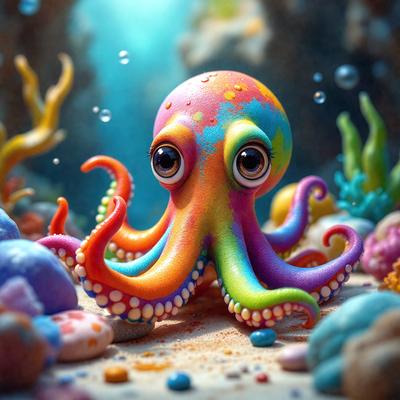 The primary subject of the image is a colorful, painted octopus. The octopus is sitting on a sandy surface, surrounded by various colorful rocks and other sea creatures. The visual style of the image is a combination of digital art and illustration, creating a vibrant and lively atmosphere. The colors and mood of the image are predominantly bright and cheerful, with the octopus being the main focal point.